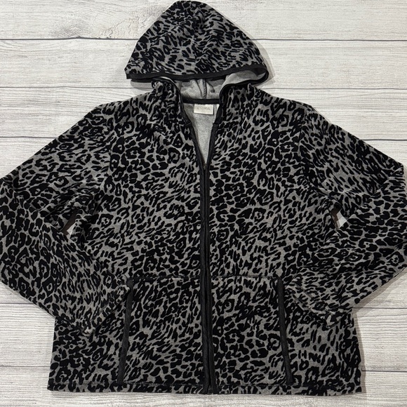 Erika Jackets & Blazers - Erika Women’s Black and Gray Leopard Print Hooded Velour Jacket